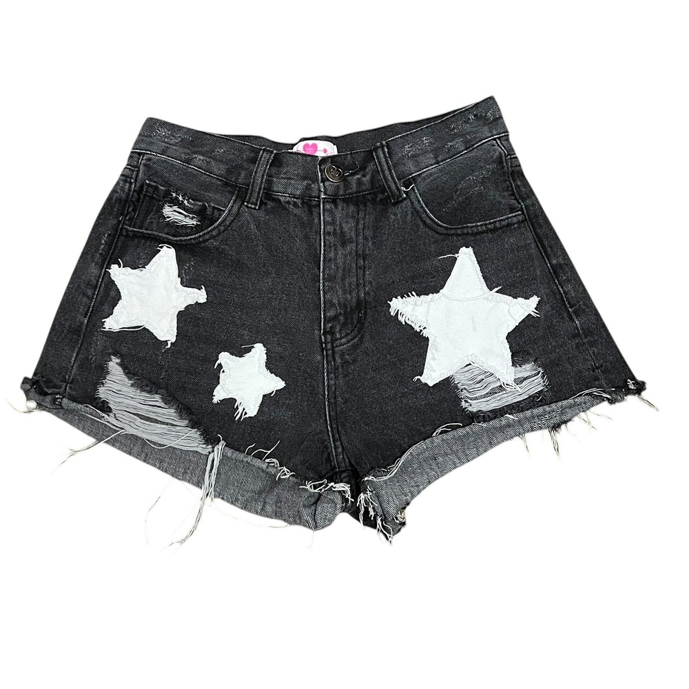 Buddy Love Star Patch Denim Shorts Womens 26 Black Distressed Cutoff Summer Y2K‎